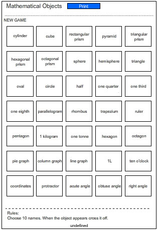 Bingo Game Card - Names of Mathematical Objects