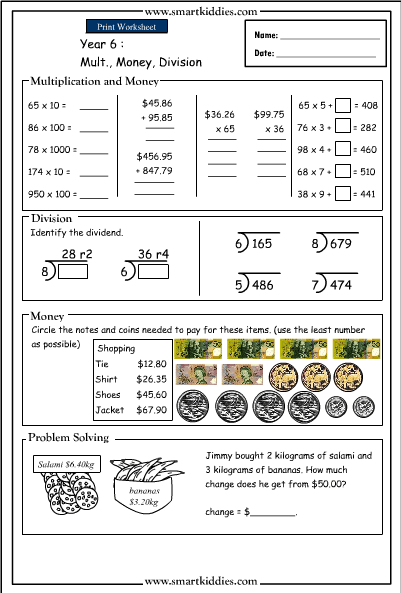 multiplication money and division mathematics skills