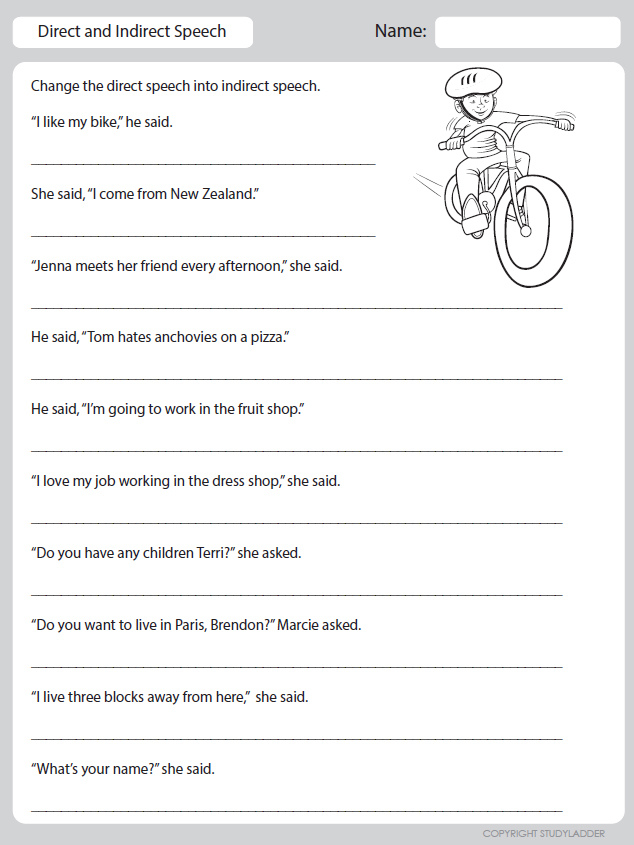 direct indirect speech worksheet grade 6